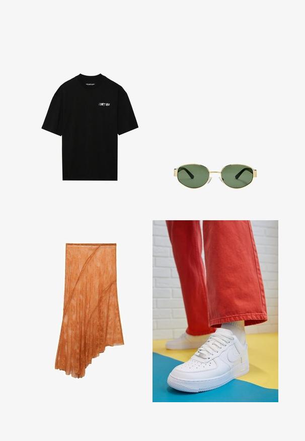 Zwarte t-shirt met korte mouwen, gemaakt van katoen, met een ronde hals. Voorzien van witte tekst "IK MAAK ME NIKS ZORGEN" op de voorkant, eenvoudig ontwerp en een relaxte pasvorm.; Mango Maxirok - orange; Witte leren sneaker met geperforeerde teenbox, gestructureerde zool en witte veters, gecombineerd met wijde rode broeken en een blauw-geel achtergrond.; Gouden metalen montuur zonnebril met groene getinte lenzen, ovale vorm, zwarte pootjes en doorzichtige neuspads. Strak, minimalistisch ontwerp.