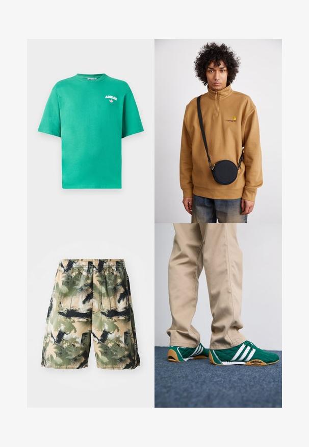 Tricou din bumbac verde cu guler rotund, mâneci scurte și logo brodat "ADIDAS" pe piept, având un accent floral sub text.; Șorturi de înot pentru bărbați dintr-un material ușor și respirabil, cu un model tropical cu palme în nuanțe de verde, negru și bej. Include un brâu elastic.; Tenisi verzi matlasati cu dungi albe si talpi de cauciuc maro, asortati cu pantaloni bej. Designul prezinta un profil scazut si un material texturat.; Sweatshirt din fleece cu fermoar pe jumătate, de culoare maronie, cu logo brodat, purtat cu o geantă crossbody rotundă, neagră, cu fermoar și detalii cu logo, peste blugi.