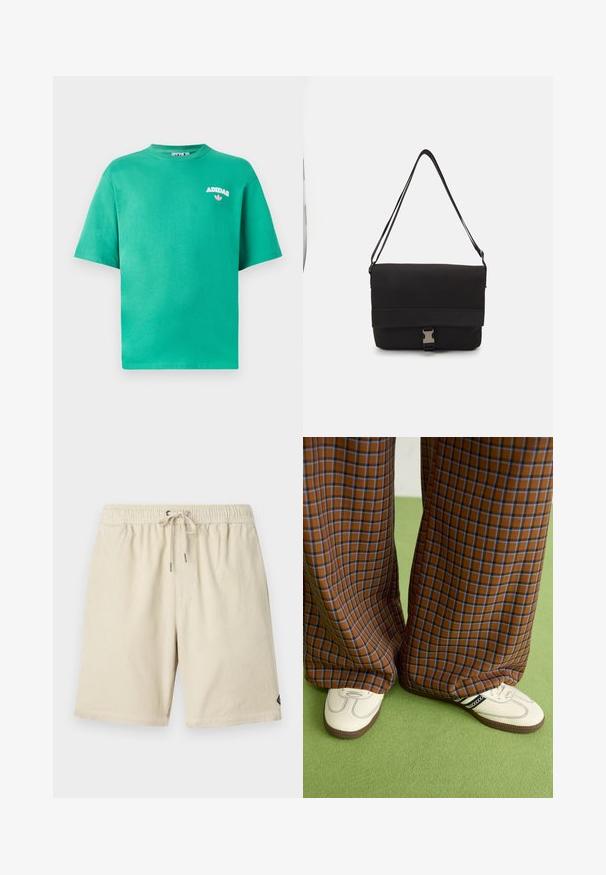 T-shirt verde in cotone con scollo rotondo, maniche corte e logo "ADIDAS" ricamato sul petto, con un accento floreale sotto il testo.; Shorts in corduroy beige con una fascia elastica in vita e coulisse, caratterizzati da una sottile trama rigata verticale e un piccolo etichetta sul lato.; Pantaloni a pieghe larghi a quadri marroni e blu abbinati a scarpe bianche con dettagli neri e suole testurizzate, posizionati su uno sfondo verde.; Borsa a tracolla nera realizzata in materiale liscio, con un lembo pieghevole, hardware in metallo argentato e una tracolla regolabile.