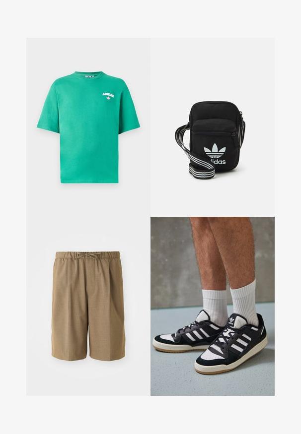 Zeleni pamučni majica kratkih rukava s okruglim izrezom, s izvezenim logotipom "ADIDAS" na prsima, uz cvjetni akcent ispod teksta.; Smeđe plisirane kratke hlače s elastičnim pojasom i podesivim vezicom. Napravljene od glatke, lagane tkanine s ravnim nogavicama.; Crne i bijele tenisice s gornjim dijelom od antilopa i kože, s tri bijele pruge, perforiranim prstom i gumiranim potplatom.; Crna crossover torba od tkanine sa zatvaračem, sa bijelim Adidas logotipom i prugastim podešivim remenom za lako nošenje.