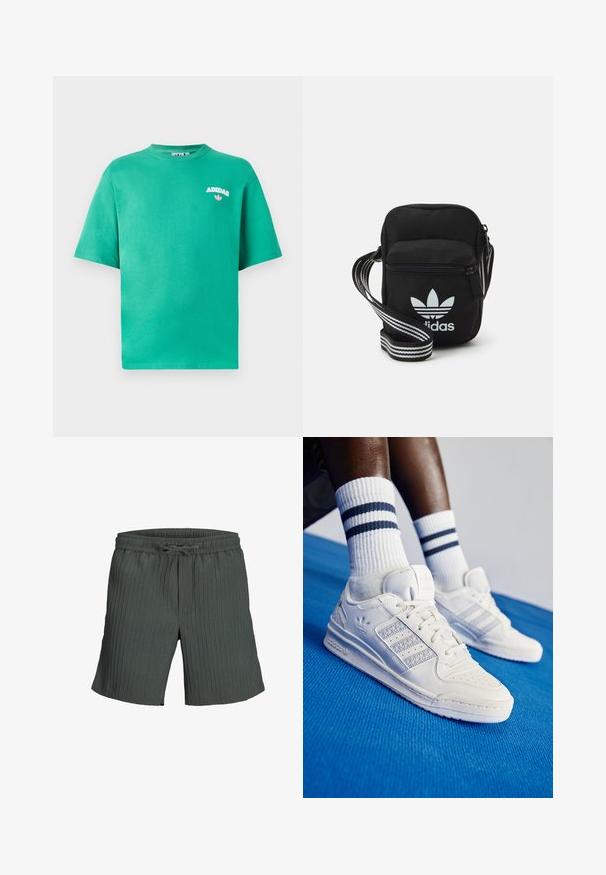 Žalios spalvos medvilninė marškinė su apvalia iškirpte, trumpomis rankovėmis ir išsiuvinėtu "ADIDAS" logotipu ant krūtinės, po tekstu yra gėlių akcentas.; Tamsiai žali, raukšlėti šortai su elastine juosta ir raišteliu. Laisvas kirpimas užtikrina patogumą ir judrumą.; Baltos odinės sportbačiai su perforuotais akcentais, trimis metalinėmis juostelėmis ir tekstūruotu šoniniu skydeliu. Dėvimi su baltais kojiniais, turinčiais mėlynas juosteles.; Juodas audinio per petį nešiojamas krepšys su užtrauktuku, turintis baltą Adidas logotipą ir dryžuotą reguliuojamą diržą patogiam nešiojimui.