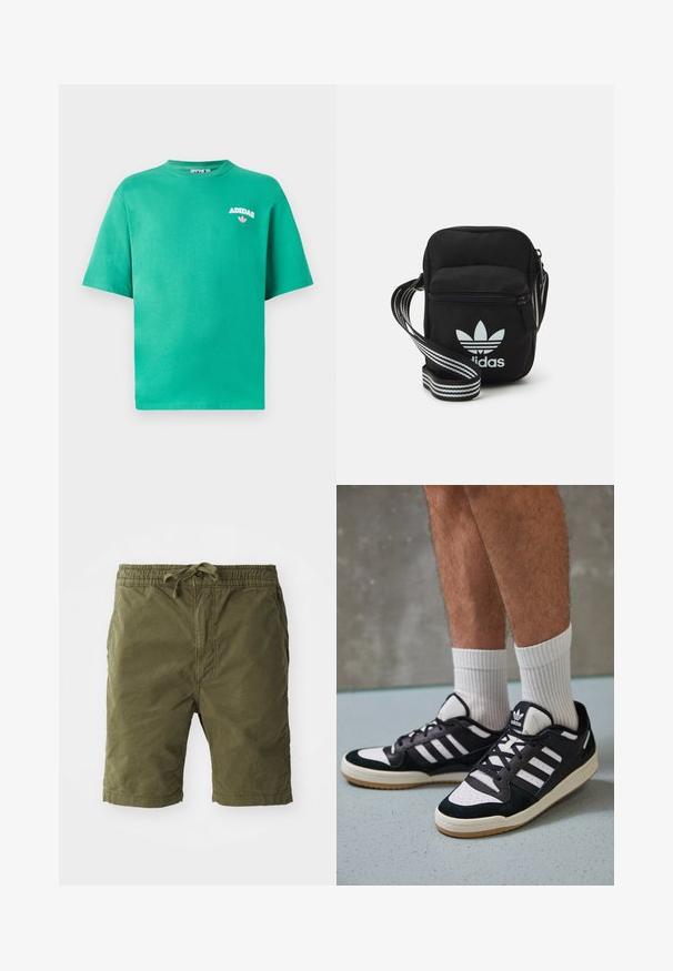 Tricou din bumbac verde cu guler rotund, mâneci scurte și logo brodat "ADIDAS" pe piept, având un accent floral sub text.; Shorts de culoare verde măslin, făcuți dintr-un material moale și texturat. Au un elastic la talie, cu șnur de ajustare și buzunare laterale.; Adidași negri și albi cu un superior din suede și piele, prevăzuți cu trei dungi albe, un vârf perforat și o talpă din cauciuc caramel.; Geantă de umăr din material textil negru, cu închidere cu fermoar, având un logo Adidas alb și o curea ajustabilă cu dungi pentru o transportare ușoară.