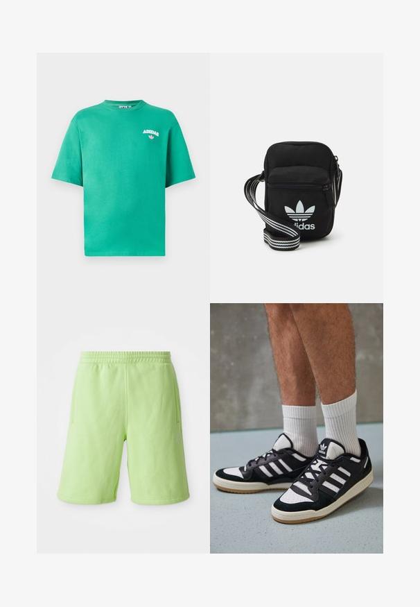 Zöld pamut póló kerek nyakkivágással, rövid ujjakkal, a mellkasán hímzett "ADIDAS" logóval, amely alatt virágos díszítés található.; Lime zöld rövidnadrág, puha anyagból készült, rugalmas derékkal, oldalsó zsebekkel és egy kis fehér logóval a jobb alsó oldalon.; Fekete-fehér tornacipők velúr és bőr felsőrésszel, három fehér csíkkal, perforált orral és gumi talppal.; Fekete anyagú, keresztpántos táska cipzáras záródással, fehér Adidas logóval és csíkos állítható pánttal a könnyű hordozás érdekében.