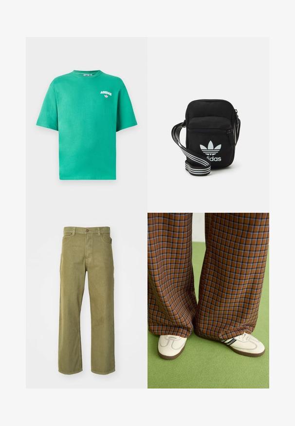 Zaļš kokvilnas T-krekls ar apaļu izgriezumu, īsām piedurknēm un izšūtu "ADIDAS" logo uz krūšu, ar ziedu akcentu zem teksta.; Olive krāsas taisnā piegriezuma bikses, kas izgatavotas no mīksta kokvilnas auduma, ar priekšējo pogu aizdari, jostas cilpām un sānu kabatām.; Brūni un zili rūtaini platās kājas bikses, kas savienotas ar baltām kurpēm ar melniem akcentiem un teksturētām zolēm, uz zaļa fona.; Melna auduma crossbody soma ar rāvējslēdzēja aizdari, kurai ir balts Adidas logo un svītrainas regulējamas siksnas ērtiem pārvietošanās veidiem.