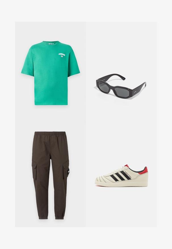 Roheline puuvillane T-särk ümmarguse kaeluse, lühikeste varrukate ja tikandiga "ADIDAS" logo rinna kohal, mille all on lilleline aksent.; Tumed pruunid cargo püksid, millel on elastne vöökoht, kitsenevad sääred ja kaks küljetaskut klappidega.; Kreemist nahast tossud mustade triipudega, punaste kannakate aktsentidega ja tekstuursete detailidega. Omab kummist tallat ja seotud sulgemist.; Must musta saarnaste prillide mustad raamid tumedate läätsedega. Paks plastikraam sileda viimistlusega, millel on külgedel peen bränding.