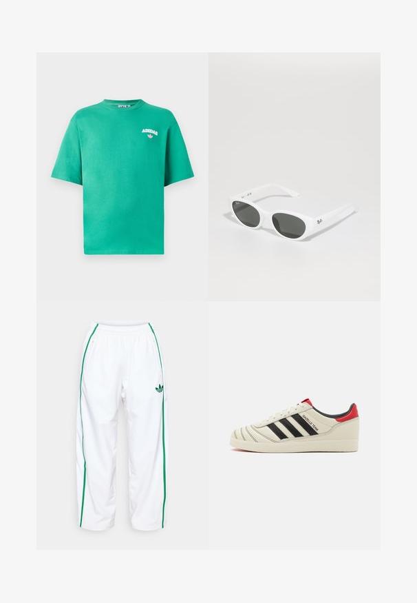 Grønn bomulls t-skjorte med rund hals, kortermet, og brodert "ADIDAS" logo på brystet, med en blomsterdetalj under teksten.; Hvite joggebukser med grønne sidestriper, elastisk midje og to glidelåslommer. Laget av glatt, lett stoff.; Kremfargede lærtreninger med svarte striper, røde hælaccents og teksturerte detaljer. Har gummisåle og snøring.; Hvite solbriller med runde rammer og mørke linser. Har en jevn plastoverflate og liten logo på stangen.