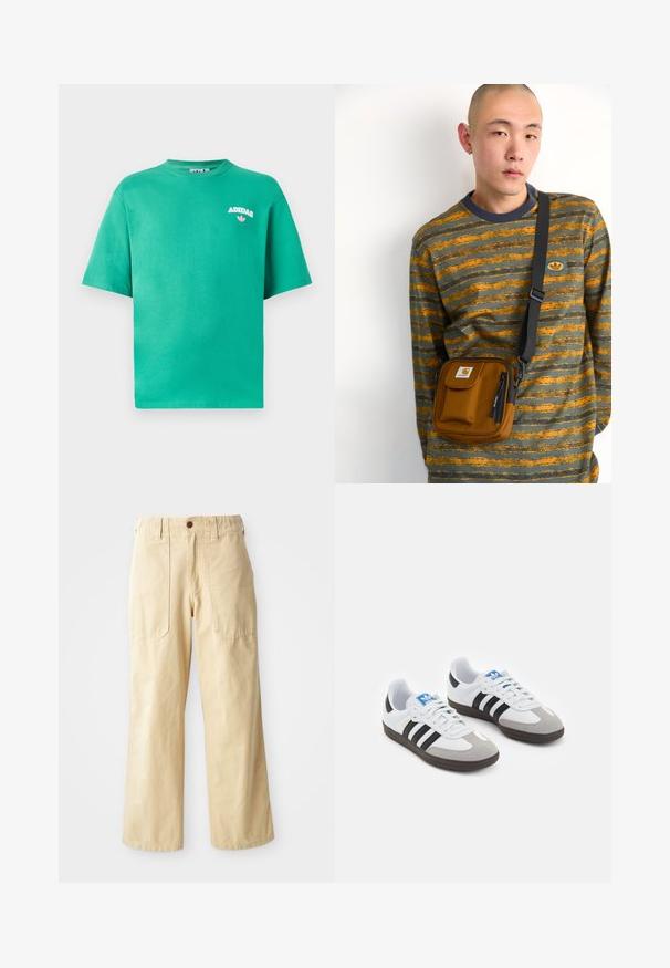Πράσινο βαμβακερό μπλουζάκι με στρογγυλή λαιμόκοψη, κοντά μανίκια και κεντημένο λογότυπο "ADIDAS" στο στήθος, με λουλουδάτο σχεδιαστικό στοιχείο από κάτω του κειμένου.; Φαίδρες παντελόνες σε μπεζ από βαμβάκι. Διαθέτουν ψηλή μέση, δύο μπροστινές τσέπες με επίπεδο σχέδιο και κλείσιμο με ένα κουμπί.; Αθλητικά παπούτσια με άσπρη δερμάτινη πάνω επιφάνεια, γκρι σουέτ μύτη και τρεις μαύρες ρίγες. Διαθέτουν μπλε λογότυπο στη γλώσσα και υφασμένο καουτσούκ σόλα.; Καφέ υφασμάτινη τσάντα χιαστί με φερμουάρ και μπροστινή τσέπη; φορεμένη πάνω από ένα γκρι και πορτοκαλί ριγέ μακρυμάνικο πουκάμισο με λογότυπο.