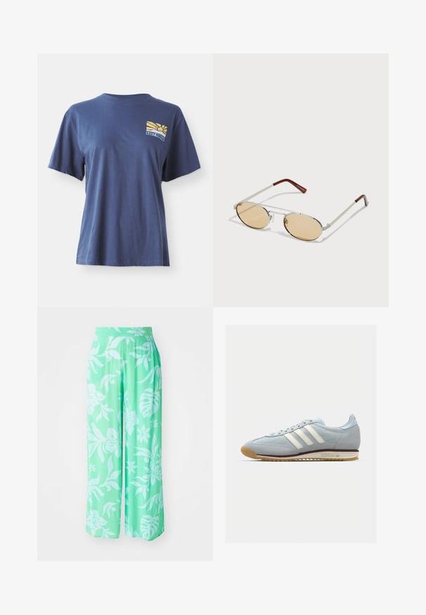 Námořnická modrá bavlněná tričko s krátkým rukávem, s žlutou a modrou grafikou vycházejícího slunce na levé části hrudi, popsané "ROXY PARADISE."; Světle zelené kalhoty s širokými nohavicemi s bílým květinovým vzorem. Vyrobeno z texturované tkaniny, mají elastický pas a volný střih.; Světlou modrou semišovou tenisku s bílými třemi pruhy, gumovou podrážkou a texturovanou mřížkou. Obsahuje hladký kryt špičky a branding na patě.; Kovové sluneční brýle s oválnými, světle hnědými tónovanými skly. Úzký stříbrný rám s texturovanými akcenty a červenohnědými konci na nožičkách.