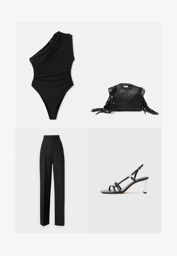 Costume da bagno nero monospalla con texture drappeggiata, gamba alta e dettagli arricciati laterali. Realizzato in materiale liscio ed elastico.; Pantaloni neri a vita alta con pieghe, caratterizzati da un design sartoriale e gambe dritte. Realizzati in un tessuto morbido, con dettagli minimi.; Sandali neri con tacco alto caratterizzati da molteplici cinghie sottili, design slingback e un accento in argento sul tacco. Materiale superiore liscio e tacco quadrato.; Maje MISS MINI - Borsa a tracolla - noir