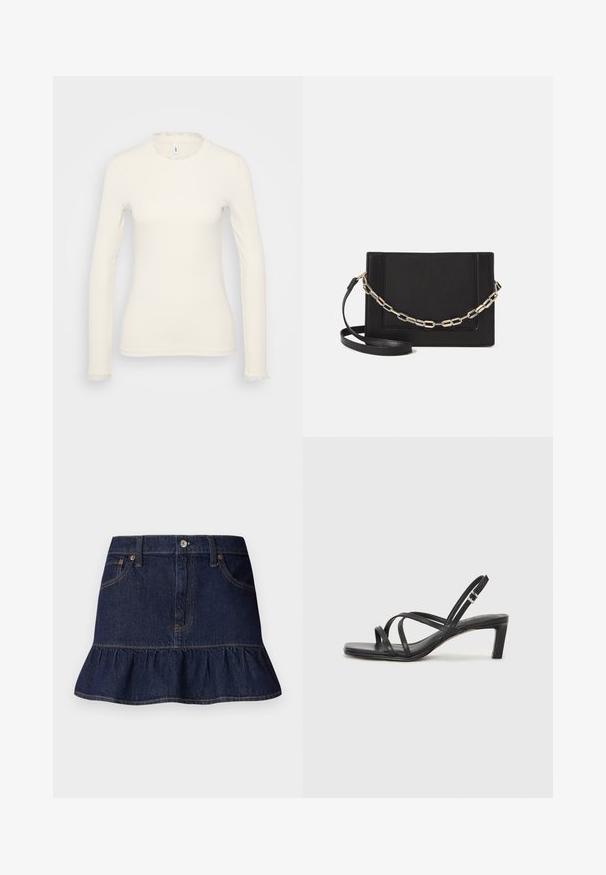Langermet hvit topp med ribbet tekstur. Har en delikat volangkant ved halsen og nederst på ermene. Enkel, figurnær design.; Mørk denimskjørt med volangnederkant, fem lommer, beltehemper og knappelukking foran. Glatt tekstur og rett snitt.; Sorte sandaler med stropper, firkantet tå og lav blokk hæl. Har flere tynne stropper og en justerbar ankelstropp. Laget av glatt lær.; Svart lær crossbody-veske med glatt tekstur, rektangulær form og metallkjede detaljer på framsiden. Justerbar stroppe inkludert.; Sølv dråpeøreringer med firkantet studs, med en glatt, polert overflate og en tåreformet design som reflekterer lys med en blank overflate.