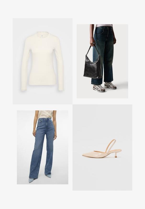 Top de mangaa longa branco com uma textura canelada. Conta com um delicado decote com babados e bainha nas mangas. Design simples e ajustado.; Vero Moda Tall VMTESSA PEARL - Calças de ganga de corte relaxado - medium blue denim; Saltos slingback em couro sintético bege com bico apontado e um salto quadrado fino. Textura suave e design minimalista sem embellishments.; Bolsa de ombro em couro preto com textura suave e alça ajustável, combinada com jeans de perna larga desbotados e ténis desportivos.