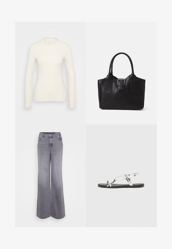 Long-sleeve white top with a ribbed texture. Features a delicate ruffled neckline and hem at the sleeves. Simple, fitted design.; Wide-leg, gray denim jeans with a high waist, featuring a button fly, front pockets, and subtle fading for texture.; Silver metallic sandals with a minimal design, featuring thin straps and a black flat sole. Highlights include cross strap accents.; Black leather tote bag with smooth texture, structured shape, two handles, and a prominent silver buckle detail on the front.