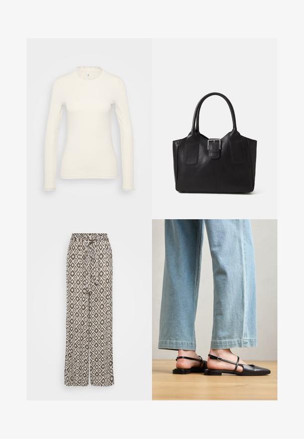 Dugi rukav bijela majica s rebrastom teksturom. Ima delikatni naborani izrez i rubove na rukavima. Jednostavan, prilagođen dizajn.; Hlače širokih nogavica napravljene od lagane tkanine, s smešnim osnovnim tonom i bijelim dijamantnim uzorcima, te vezanjem u struku za prilagodljivo pristajanje.; Crne kožne slingback cipele s oštrim prstom, ravnim potplatom i remenom oko gležnja; nosi se s svijetloplavim širokim trapericama.; Crna kožna torba za nošenje s glatkom teksturom, strukturiranim oblikom, dvije ručke i istaknutim srebrnim kopčanjem na prednjoj strani.