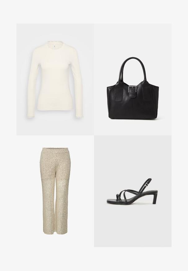 Bílý top s dlouhým rukávem a žebrovanou texturou. Má jemný volánový výstřih a lem na rukávech. Jednoduchý, přiléhavý design.; Béžové kalhoty s flitry a zigzagovým vzorem, vysokým pasem a širokými nohavicemi, s hladkým povrchem a třpytivým vzhledem.; Černé sandály na tenkém podpatku se čtveratou špičkou a nízkým blokovým podpatkem. Mají několik tenkých popruhů a nastavitelné zapínání okolo kotníku. Vyrobeny z hladké kůže.; Černá kožená tote taška s hladkým povrchem, strukturovaným tvarem, dvěma uchy a výrazným stříbrným detailem s přezkou na přední straně.