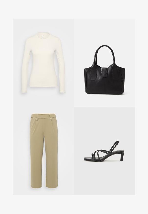 Bela dolga majica z rebrasto teksturo. Ima nežno volani na izrezu in robovih rokavov. Preprost, oprijet dizajn.; Khaški hlače z gladko teksturo, širokim krojem in dvema sprednjima žepoma ter dvema gumboma na pasu. Oblika spredaj je ravna.; Črne natikače s trakovi in kvadratnim prstom ter nizkim blokastim peto. Imajo več tankih trakov in nastavljiv trak okoli gležnja. Narejene so iz gladkega usnja.; Črna usnjena torba s gladko teksturo, strukturirano obliko, dvema ročkama in izrazitim srebrnim sponko na sprednji strani.