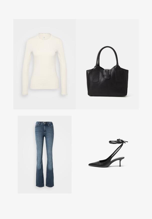 Long-sleeve white top with a ribbed texture. Features a delicate ruffled neckline and hem at the sleeves. Simple, fitted design.; Bootcut jeans made of blue denim. Features a mid-rise waist, five pockets, subtle stitching, and a slightly faded look on legs.; Black leather stiletto shoe with a pointed toe, open back, and ankle straps tied in a bow. Slim 3-inch heel. Smooth texture, minimalist design.; Black leather tote bag with smooth texture, structured shape, two handles, and a prominent silver buckle detail on the front.; Silver double-band ring with a smooth, polished surface. Features a fluid, curved design with overlapping sections for a modern look.