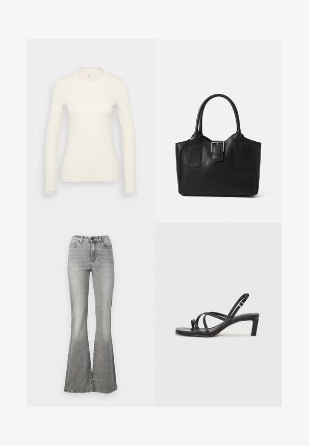 Top bianco a maniche lunghe con texture a costine. Presenta un delicato colletto arricciato e un orlo arricciato alle maniche. Design semplice e aderente.; Jeans svasati grigi in denim, con vita alta, tasche frontali e un effetto scolorito. L'orlo è leggermente più largo, creando una forma svasata.; Sandalo nero con cinturini, dalla punta squadrata e tacco basso a blocco. Presenta diversi cinturini sottili e una cinturini regolabile alla caviglia. Realizzato in pelle liscia.; Borsa tote in pelle nera con texture liscia, forma strutturata, due manici e un evidente dettaglio in fibbia argentata sul davanti.