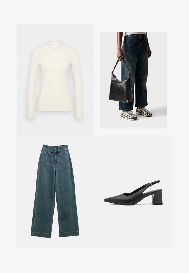 Pitkähihaisessa valkoisessa paidassa on ribbed-kudonta. Siinä on herkkä röyhelökaulus ja hihat. Yksinkertainen, tiukka malli.; Leveledegingin farkuhousut vaaleansinisinä, joissa on korkea vyötärö, kaksi etutaskua ja klassinen napitus. Kangas on pehmeä ja sileä.; Mustat nahkaiset slingback-korkokengät, joissa on terävä kärki ja paksu palkeellinen korko. Ominaisuuksiin kuuluu säädettävä hihna metallisoljella.; Musta nahkainen olkalaukku, jossa on sileä pinta ja säädettävä hihna, yhdistettynä haalistuneisiin leveälahkeisiin farkkuihin ja urheilukenkien kanssa.