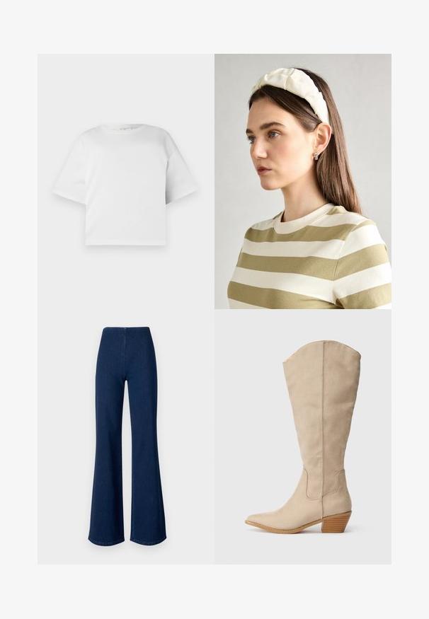 Fehér, rövidített pamut póló, sima anyagból készült, kerek nyakkivágással és rövid, széles ujjakkal. Egyszerű, letisztult dizájn, látható minták nélkül.; Sötétkék, trapéz szabású farmernadrág, rugalmas derékkal. Simás textúrával és széles lábszárral rendelkezik, amely a szegélyig terjed.; Beige velúrbőr, térd fölé érő csizma, hegyes orral, rétegelt sarokkal és látható varrásrészletekkel. Simaság és egyszerű dizájn jellemzi.; Krém színű párnázott fejpánt csavaros kivitelezéssel, bézs és fehér csíkos pólóval párosítva, kerek nyakkivágással. Diszkrét ékszer kiegészítők.
