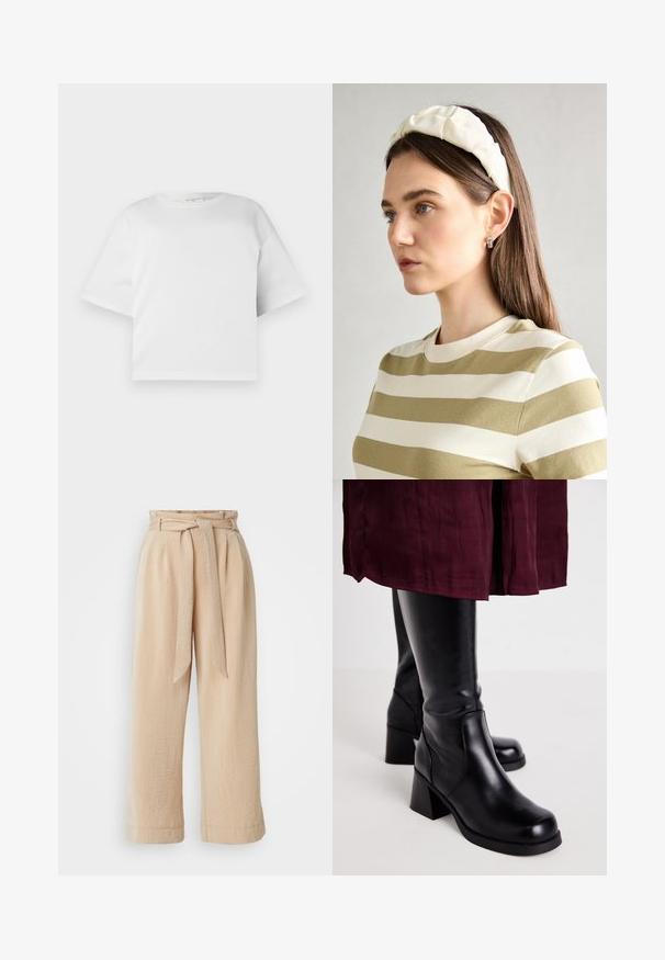 T-shirt blanc court en coton lisse, avec un col rond et des manches courtes et larges. Design simple et épuré sans motifs visibles.; Pantalons beige à jambe large avec une taille ceinturée, fabriqués en tissu texturé. Présente un pli avant et une finition lisse le long de l'ourlet.; Bottes noires jusqu'au genou avec une finition en cuir lisse, des talons blocs rectangulaires et des détails de couture sur le côté, assorties à une jupe bordeaux.; Un bandeau en créme rembourré avec un design torsadé, associé à une chemise rayée beige et blanche à col rond. Accent de bijoux discrets.