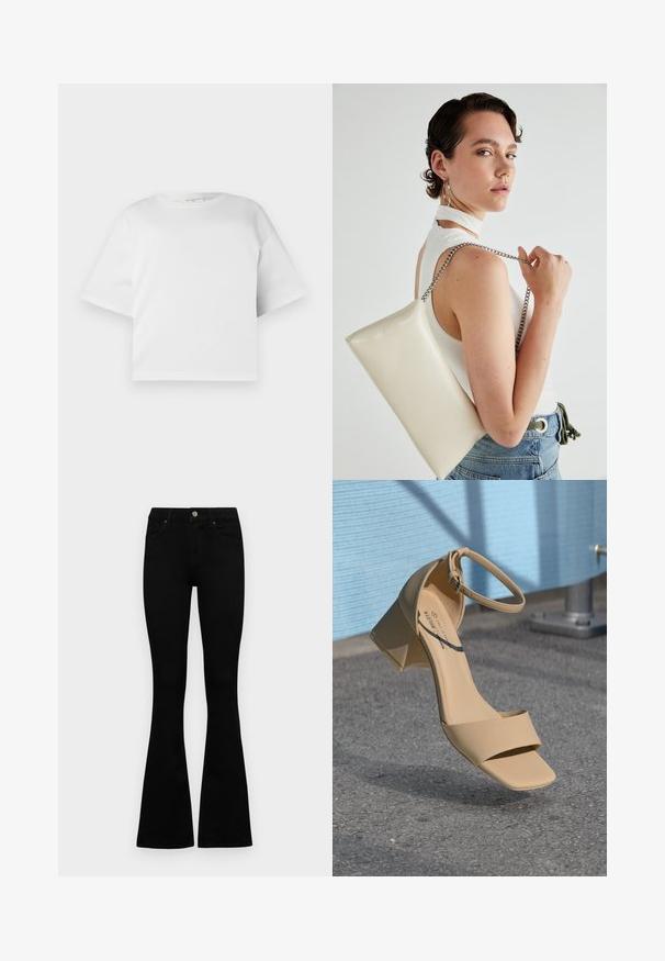 White cropped t-shirt made of smooth cotton, featuring a round neck and short, wide sleeves. Simple, clean design with no visible patterns.; Black high-waist jeans with a button and zip closure, front pockets, and flared legs laid flat on a white background.; Beige block-heeled sandal with a square toe, minimal straps, and an ankle buckle. Smooth, matte material against a gray surface.; White rectangular clutch bag made of glossy material, featuring a silver chain strap. Model poses, showcasing the bag against a plain background.