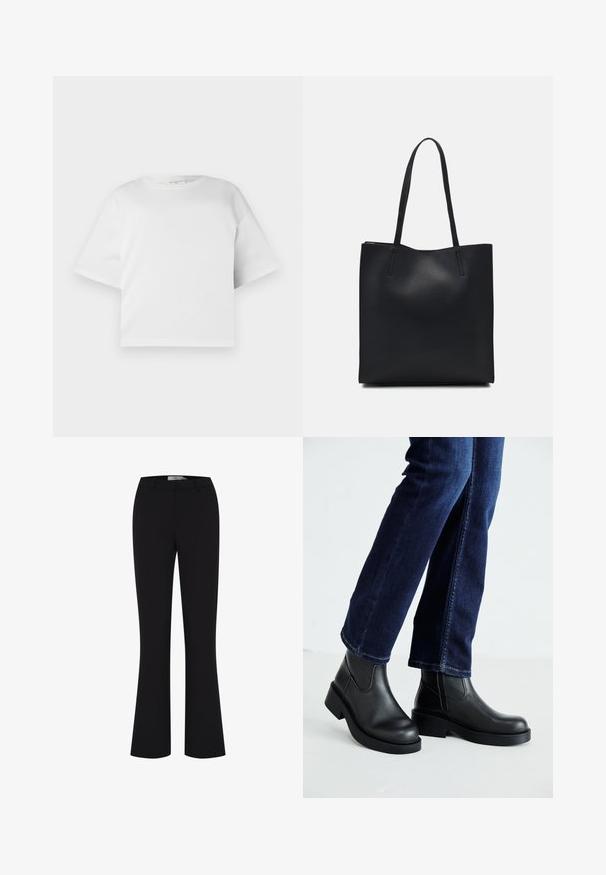 Fehér, rövidített pamut póló, sima anyagból készült, kerek nyakkivágással és rövid, széles ujjakkal. Egyszerű, letisztult dizájn, látható minták nélkül.; Fekete, harang alakú nadrág sima anyagból, illeszkedő derékpánttal és tiszta elülső dizájnnal, zsebek nélkül.; Fekete bőr bokacsizma vastag talppal és oldalán elnyújtott elasztikus betétekkel, sötétkék farmerral párosítva. A talaj világos színű.; Fekete bőrtáska sima felszínnel, téglalap alakú, két hosszú füllel. Nincs látható fémkiegészítő vagy díszítés.