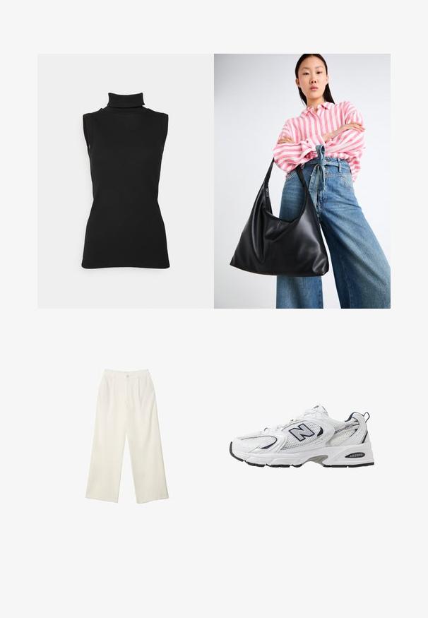 Top nero senza maniche in tessuto a coste, caratterizzato da un collo alto e una silhouette aderente. Texture liscia con dettagli minimi.; Pantaloni a gamba larga in tessuto crema con una texture liscia, caratterizzati da un singolo bottone frontale, pieghe sottili e un design a vita alta.; Scarpa sportiva bianca con tomaia in mesh, dettagli in blu marino e suola imbottita. Presenta il logo "N", lacci e dettaglio texturizzato sul lato.; Borsa a spalla in pelle nera con una forma morbida e dettagli sulle cuciture. Il modello indossa una camicia a righe rosa e bianche con jeans a gamba larga blu.