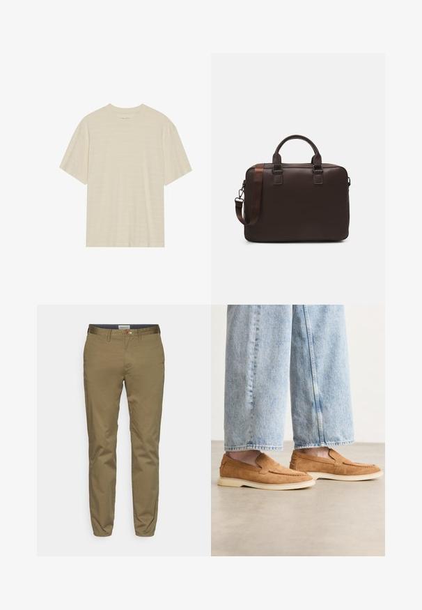 Cream-colored short-sleeve t-shirt featuring a subtle striped texture and a round neckline, made from lightweight fabric.; Khaki chinos made from cotton blend, slim fit design with a smooth texture, featuring a brown button and woven waistband detail.; Brown suede slip-on shoes with a low profile, cream outsole, and stitching details, paired with light blue denim trousers.; Brown leather laptop bag with a textured surface, dual top handles, adjustable strap, and two front buckles for added detail.