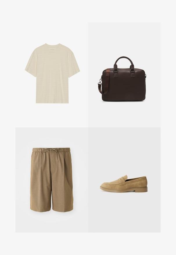 Krém színű, rövid ujjú póló, finom csíkozott textúrával és kerek nyakkivágással, könnyű anyagból készült.; Barna, pliszírozott rövidnadrág elasztikus derékkal és állítható zsinórral. Simább, könnyű anyagból készült, egyenes lábszárral.; Barna suede loafer cipők lekerekített orral, alacsony blokksarkú, és varrott részletezéssel a felső részen. Simító textúra és minimalista kialakítás.; Barna bőr laptop táska texturált felülettel, dupla felső fogantyúval, állítható pánttal és két elülső csattal a részletek fokozásáért.