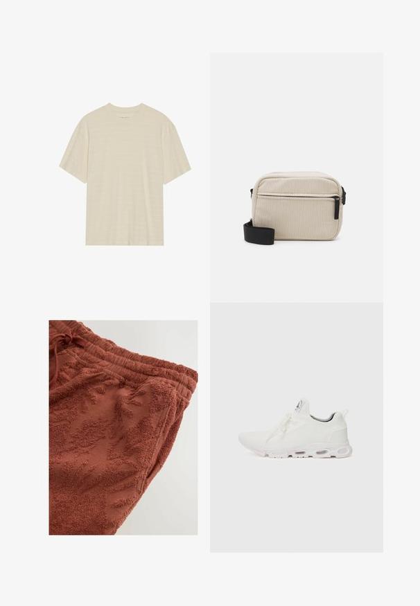 Tricou de culoare crem, cu mânecă scurtă, având o textură subtilă cu dungi și un guler rotund, fabricat dintr-un material ușor.; Pantaloni de trening terracotta cu un design floral texturat, talie elastică cu șnur și material moale și pufos pentru confort.; Adidași albi cu un superior din țesătură texturată, șireturi plate și o talpă cu perne de aer vizibile pentru suport suplimentar.; Geantă crossbody de culoare crem din catifea cu fermoar negru, curea detașabilă și model texturat. Dispune de un compartiment principal și un buzunar frontal.