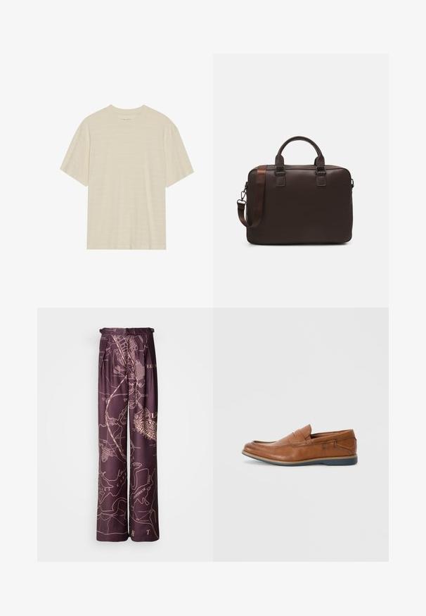 Majica kratkih rukava krem boje s blagom prugastom teksturom i okruglim izrezom, izrađena od lagane tkanine.; Ljubičaste hlače širokih nogavica s printom mape u svjetlijoj nijansi. Izrađene od glatkog materijala, s naborima i elastičnom vrstom.; Smeđe kožne mokasine s okruglim vrhom, šivanim detaljima i niskim gumenim potplatom. Dizajn sadrži trakicu preko gornjeg dijela.; Smeđa kožna torba za prijenosno računalo s teksturiranom površinom, dvostrukim gornjim ručkama, podesivim remenom i dva prednja kopčanja za dodatne detalje.