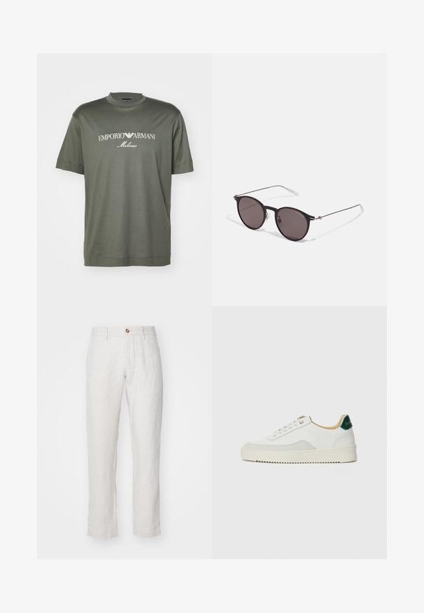 Dunkelgrünes Baumwoll-T-Shirt mit Rundhalsausschnitt, versehen mit einem weißen Logo, das "EMPORIO ARMANI Milano" über der Brust trägt. Kurze Ärmel.; NN.07 THEO - Stoffhose - beige; Weiße Sneaker mit Wildlederelementen, runder Zehenpartie, flachen Schnürsenkeln und einer cremefarbenen Gummisohle. Mit grünen Markenlogo am Fersenbereich.; Schwarze runde Sonnenbrille mit dunklen Gläsern und schlanken Metallbügeln. Enthält klare Tempelspitzen und silberne Akzente am Scharnier. Minimalistisches Design.