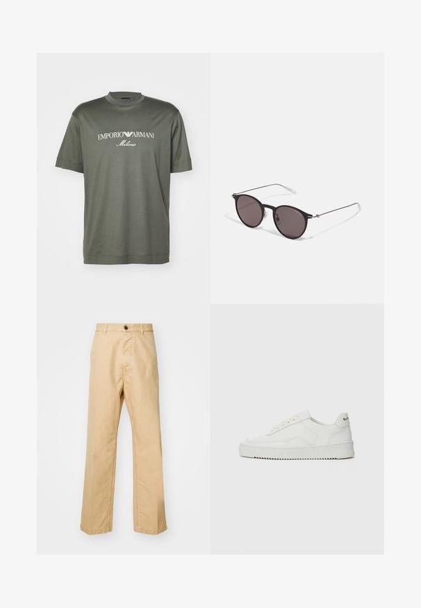 T-shirt in cotone verde scuro con collo rotondo, caratterizzata da un logo bianco con la scritta "EMPORIO ARMANI Milano" sul petto. Maniche corte.; Chinos khaki con vestibilità dritta, realizzati in tessuto di cotone, dotati di chiusura frontale con bottone e passanti per cintura. Texture liscia, senza motivo.; Sneaker in pelle bianca con una finitura liscia, punta rotonda, lacci piatti e suola testurizzata. Presenta un logo discreto sul tallone.; Occhiali da sole neri rotondi con lenti scure e sottili bracci in metallo. Include punte trasparenti e accenti argentati alla cerniera. Design minimalista.