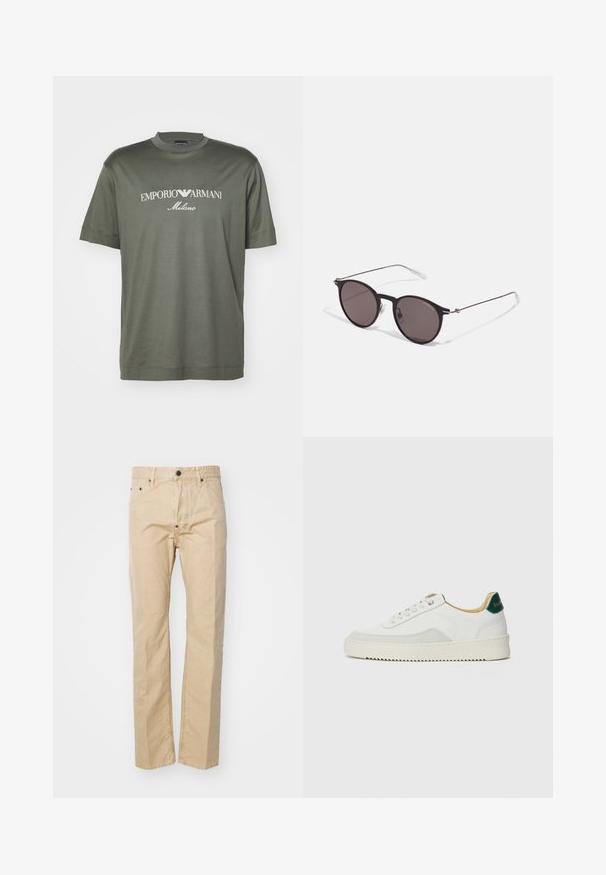 T-shirt in cotone verde scuro con collo rotondo, caratterizzata da un logo bianco con la scritta "EMPORIO ARMANI Milano" sul petto. Maniche corte.; Pantaloni in cotone beige con un design a gamba dritta, caratterizzati da chiusura con bottone, passanti per cintura e tasche frontali. Texture liscia, cuciture minime.; Sneaker bianco con accenti in camoscio, punta rotonda, lacci piatti e suola in gomma crema. Presenta un marchio verde sul tallone.; Occhiali da sole neri rotondi con lenti scure e sottili bracci in metallo. Include punte trasparenti e accenti argentati alla cerniera. Design minimalista.