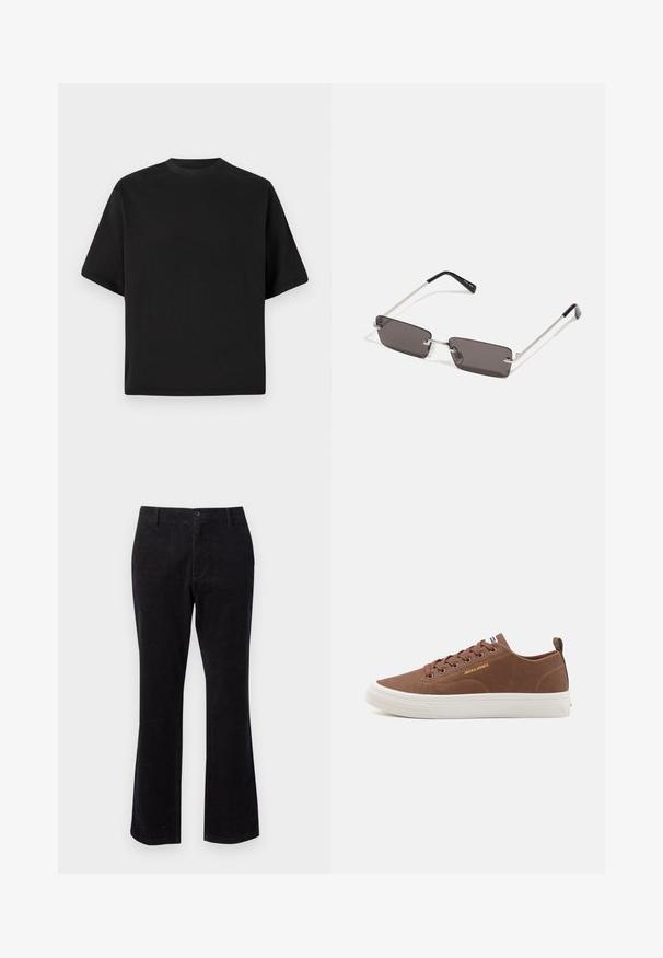 Must musta lühikeste varrukatega T-särk laia lõikega, valmistatud siledast puuvillast, ümarate kaelustega ja minimalistlikus disainis.; Mustad kõrvitsavärvi püksid, millel on laienev allaosa, esine nupuga sulgemine ja funktsionaalsed taskud. Sile tekstuur vertikaalsete ribadega.; Jack & Jones JFWBAYSWATER - Tossud - cognac; Kübarid, millel on ristkülikukujulised, tumedhalli värvi läätsed, hõbedased metallraamid ja mustad plastotsad käeotsades. Kerge disain koos nina padjadega.