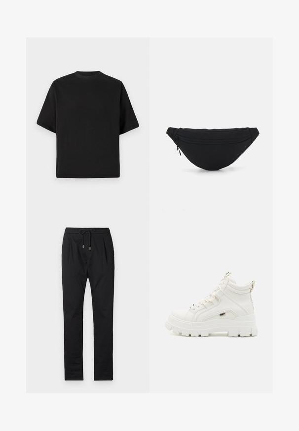 Zwarte T-shirt met korte mouwen in een losse pasvorm, gemaakt van zachte katoen, met een ronde halslijn en een minimalistisch ontwerp.; Zwarte, lichte broek met een elastische tailleband, trekkoordsluiting en twee voorzakken. Glad textiel met een getailleerde pasvorm.; Witte enkelhoge sneakers met een gestructureerde afwerking, dikke rubberen zool en gevoerde kraag. Beschikt over een vetersluiting en een logo-accent.; Zwarte stof heuptas met een afgeronde vorm, voorzak met rits en een gladde textuur. Geen zichtbare patronen of accenten. Lichtgewicht ontwerp.