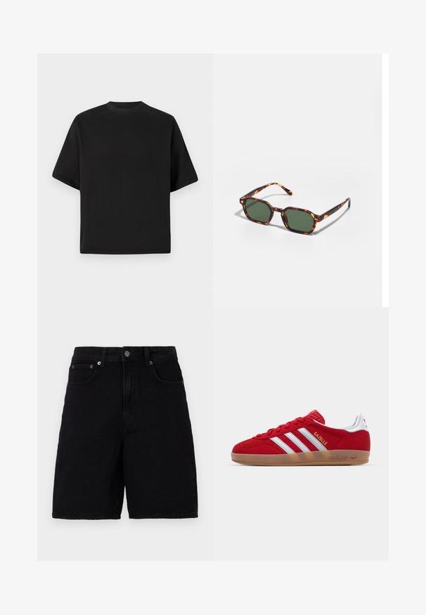 Musta lyhythihainen T-paita väljästi istuvana, valmistettu sileästä puuvillasta, jossa on pyöreä pääntie ja minimalistinen muotoilu.; Mustat farkkushortsit, joissa on klassinen viiden taskun muotoilu, napin sulku ja suora lahkeiden leikkaus. Kangas on sileä.; Punainen mokkanahkainen lenkkitossu, jossa on valkoinen kolmiraidallinen kuvio ja kultaiset "Gazelle"-tekstit. Varusteena kuminen pinta ja teksturoitu kanta.; Kilpikonnakuosiset aurinkolasit vihreillä linsseillä, joissa on oktaalinen muoto ja kapeat, kaarevat varret. Materiaalissa on kiiltävä pinta.