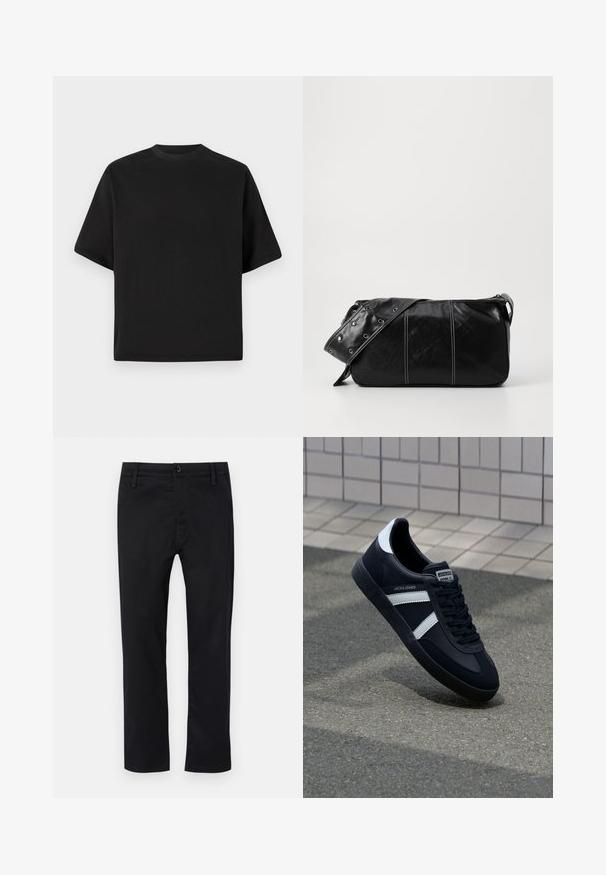 Juodas trumpomis rankovėmis marškinėlių dizainas, laisvas kirpimas, pagamintas iš lygios medvilnės, su apvaliu kaklu ir minimalistišku dizainu.; Juodos kelnės, pagamintos iš lygaus audinio, su plokščiu priekiu, standartiniu liemeniu su diržo kilpomis ir tiesiomis kojomis. Klasikinis dizainas be raštų.; Juodas odinis sportinis batelis su baltais dryžiais, tekstūruota gumine padais ir raišteliais priekyje. Yra prekės ženklą žymintis etiketė ant liežuvio.; Juodas odinis pečių krepšys su užtrauktuku, turintis tekstūruotą paviršių, baltą siuvinėjimą ir dirželį su sidabinėmis metalinėmis detalėmis.
