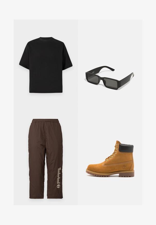 Czarna, krótka koszulka w luźnym kroju, wykonana z gładkiej bawełny, z okrągłym dekoltem i minimalistycznym designem.; Brązowe spodnie nylonowe z elastycznym paskiem w talii. Na przodzie znajduje się pionowe logo Timberland w jasnym beżu. Gładka struktura, zamek błyskawiczny przy kostkach do regulacji dopasowania.; Beżowe zamszowe botki sięgające kostki z czarną wyściełaną krawędzią, złotymi oczkami, białymi detalami szycia oraz wytrzymałą gumową podeszwą z wyraźnym bieżnikiem.; Czarne okulary przeciwsłoneczne z prostokątnymi soczewkami, matowa plastikowa oprawka i proste krawędzie. Posiadają logo marki na wewnętrznej stronie ramienia.