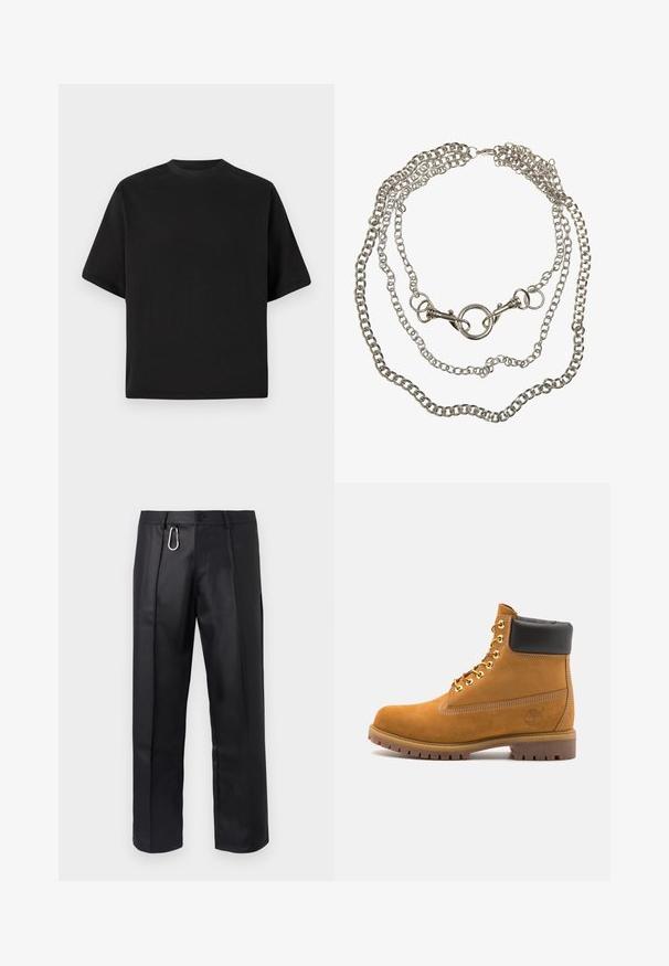 Juodas trumpomis rankovėmis marškinėlių dizainas, laisvas kirpimas, pagamintas iš lygios medvilnės, su apvaliu kaklu ir minimalistišku dizainu.; Juodos odinės kelnės su tiesiu kirpimu, priekiniais raukiniais ir sidabriniu karabinu prie juosmens. Sklandus tekstūra su minimaliais akcentais.; Tan spalvą turintys suknelės batus iki kulkšnies su juodu paminkštintu apvadu, auksiniais metaliniais akių užsegimais, baltais siūlų dekoratyviniais elementais ir tvirtu guminiu padu su ryškiai išreikštais raštais.; Sidabrinis metalinis grandinėlės kaklo papuošalas, turintis kelias sruogas, apvalią centrą jungtį ir krabų tipo užsegimą. Lygus, poliruotas paviršiaus tekstūra.