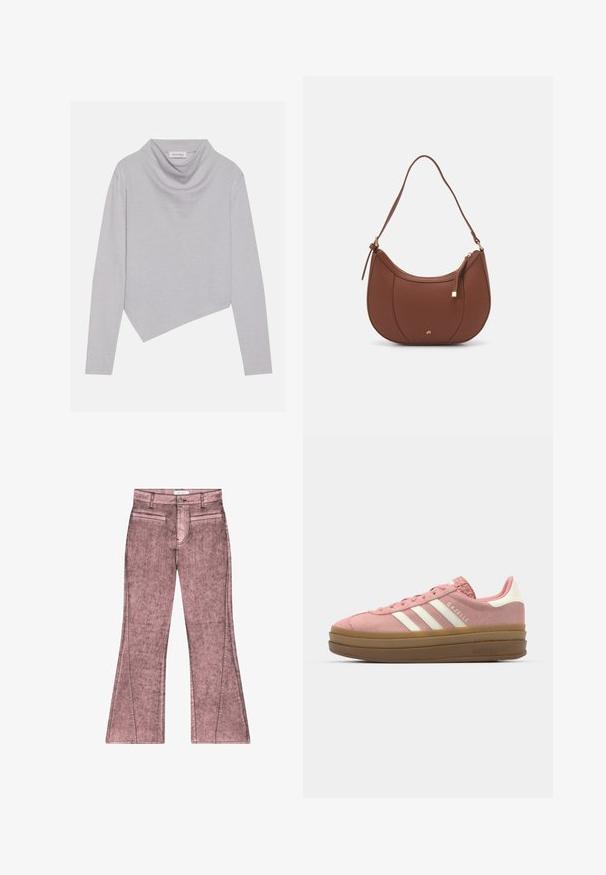Jasnoszara bluzka z długim rękawem i dekoltem w łódkę, o asymetrycznym dole, z teksturowanej dzianiny, z widoczną etykietą "ANNA FIELD" wewnątrz dekoltu.; Różowe dżinsy w fasonie dzwonów z wyblakłą teksturą, posiadające dwie przednie kieszenie, zamek błyskawiczny z przodu oraz detale przeszycia wzdłuż szwów.; adidas Originals GAZELLE BOLD jasnoróżowy; Brązowa torebka na ramię z eko-skóry o zaokrąglonym kształcie, z minimalnym przeszyciem i złotym akcentem na okuciach. Posiada zamek błyskawiczny u góry oraz regulowany pasek.