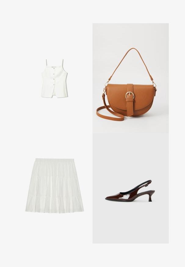 Vit ärmlös topp med knäppning fram, sidofickor och en figurnära design med svagt utsvängd nederdel. Slät textur, minimal detaljer.; Vit, lager-på-lager kjol med texturerad yta. Har en elastisk midja och lager med volanger, vilket skapar en flödande silhuett.; Brun lackläder slingback-sko med spetsig tå och en måttlig klack. Utrustad med en spännband för säker passform. Slät textur.; Brun läder crossbody-väska med en böjd form, gyllene detaljer och en spänneaccent. Har en avtagbar axelrem.