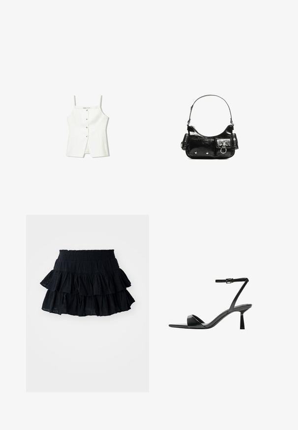 Fehér, ujjatlan felső, gombos előrészével, oldalzsebeivel és testhezálló kialakításával, enyhén bővülő aljával. Simább textúrájú, minimális részletezéssel.; Fekete, tiered szoknya, három réteggel, texturált anyagból, diszkrét mintával. Rugalmas derékpánt a kényelmért.; Bershka Magas sarkú szandálok - black; Fekete lakkbőr kézitáska ívelt formával, egy vállpánttal, elülső zsebekkel és ezüstszínű fémrészletekkel.