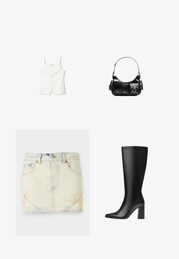 Bela brezrokavna majica z gumbi spredaj, stranskimi žepi in prilegajočim se krojem z rahlo razširjenim robom. Gladka tekstura, minimalno okrašena.; Denim mini krilo v svetlo modri barvi z izbledanjem, ki ima pet zank za pas, sprednja žepa in dekorativne šive.; Črne škornje do kolen iz umetnega usnja s koničastim nosom, gladko teksturo in debelim blok peto. Minimalistična zasnova brez vidnih dodatkov.; Črna lakasta usnjena torbica s ukrivljeno obliko, enim ramenskim trakom, sprednjimi žepi in srebrnimi kovinskimi dodatki.