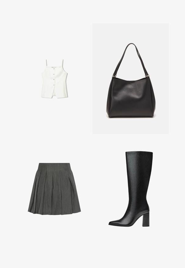 Bijela bezrukavna majica s dugmadi sprijeda, bočnim džepovima i prilagođenim dizajnom s lagano raširenim rubom. Glatka tekstura, minimalni detalji.; Moves LUCILLE - Plisirana suknja - castlerock; Crne čizme do koljena napravljene od umjetne kože s šiljastim vrhom, glatkom teksturom i debelom blok petom. Minimalistički dizajn bez vidljivih akcenata.; Crna torba od sintetičke kože s mekom teksturom, hobo oblikom i dvostrukim naramenicama; ima sjajni završetak i minimalistički dizajn.
