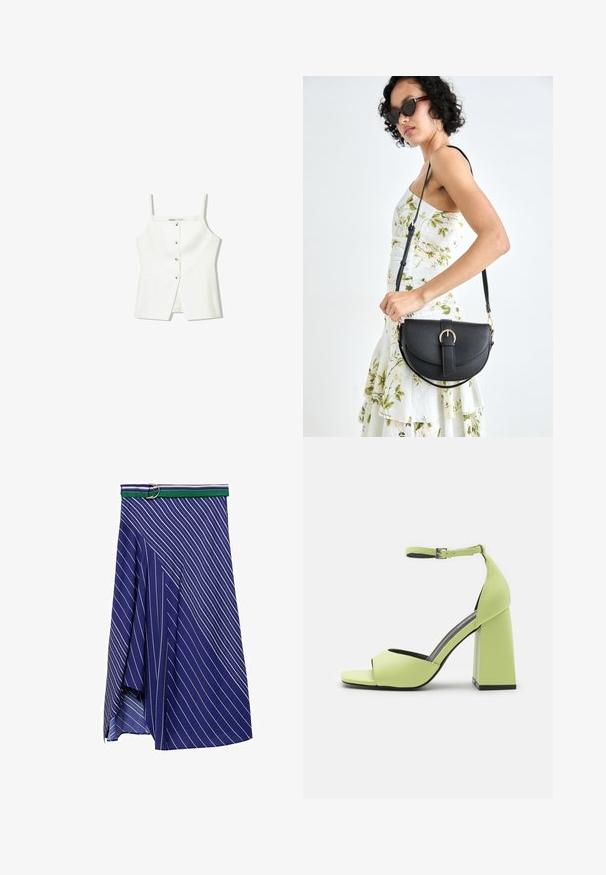 Bijela bezrukavna majica s dugmadi sprijeda, bočnim džepovima i prilagođenim dizajnom s lagano raširenim rubom. Glatka tekstura, minimalni detalji.; Plava suknja s dijagonalnim bijelim prugama i zelenim i bijelim prugastim remenom sa srebrnom kopčom. Lagana, lepršava tkanina s prorezom.; Even&Odd Sandale s visokom petom - light green; Crna kožna torba s lukovitim oblikom, odvojivim remenom i zlatnim detaljima. Torba ima preklop s kopčom.