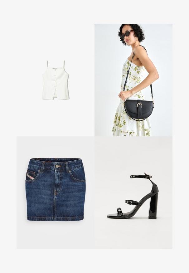 Fehér, ujjatlan felső, gombos előrészével, oldalzsebeivel és testhezálló kialakításával, enyhén bővülő aljával. Simább textúrájú, minimális részletezéssel.; Sötétkék farmer szoknya testhez simuló fazonnal, öt zsebbel és narancssárga varrással. Fém gombos záródással a derekán.; Fekete lakk magas sarkú szandál négyzet alakú orral, bokapántokkal és ezüst csatokat tartalmaz. Masszív blokk sarka a stabilitásért felel.; Fekete bőrtáska ívelt formával, levehető pánttal és arany színű fémrészekkel. A táskán egy csattal díszített fedél található.