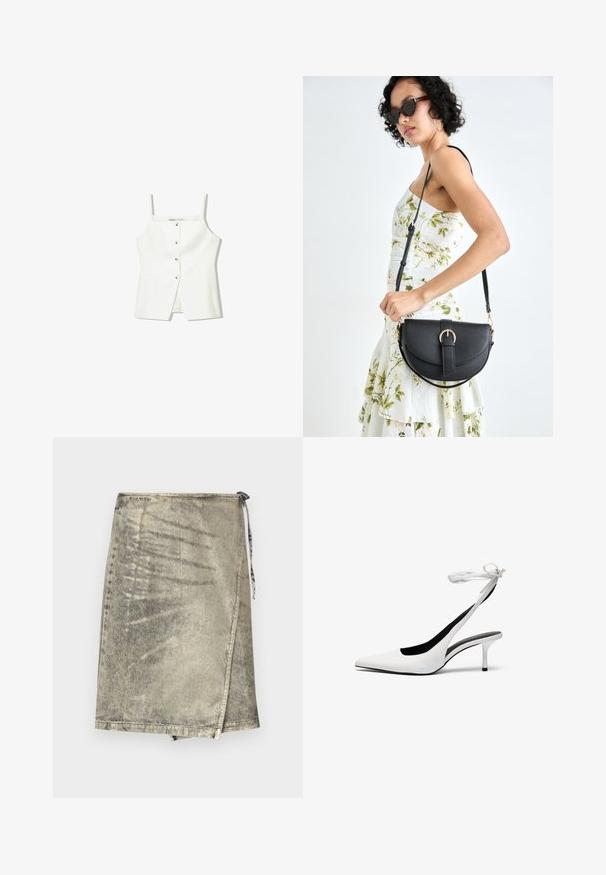Bijela bezrukavna majica s dugmadi sprijeda, bočnim džepovima i prilagođenim dizajnom s lagano raširenim rubom. Glatka tekstura, minimalni detalji.; Denim suknja omotana u metalik zlatnoj boji. Ima vezivanje, neravnomjernu omču i suptilnu teksturu s lagano iznošenim izgledom.; Bijele cipele s otvorenim petama s oštrim vrhom i tankim remenom oko gležnja. Glatki kožni materijal, tanki stileto potplat i crna unutarnja obloga.; Crna kožna torba s lukovitim oblikom, odvojivim remenom i zlatnim detaljima. Torba ima preklop s kopčom.