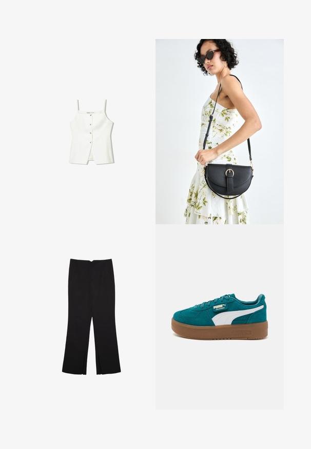 Weißes ärmelloses Oberteil mit Knopfleiste, Seitentaschen und einem figurbetonten Design mit leicht ausgestellt geschnittenem Saum. Glatte Textur, minimale Details.; Schwarze Hose mit geradem Schnitt, ausgestattet mit Fronttaschen und Seitenschlitzen am Saum. Hergestellt aus weichem, glattem Stoff. Geeignet für verschiedene Anlässe.; Türkisfarbene Wildledersneaker mit weißem Streifen und goldener Markenkennzeichnung. Verfügt über eine dicke braune Gummisohle und ein rundes Design an der Zehe. Mit Schnürverschluss.; Schwarze Lederhandtasche mit geschwungener Form, abnehmbarem Tragegurt und goldenen Beschlägen. Die Tasche verfügt über einen Deckel mit einer Schnallen-Details.