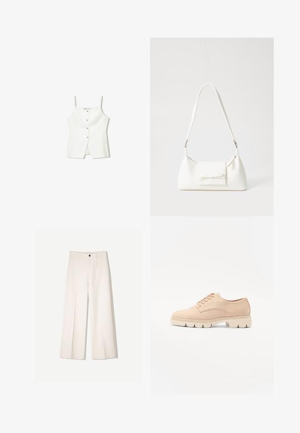 Biely top bez rukávov s gombíkovým predným zapínaním, bočnými vreckami a priliehavým strihom s mierne rozšíreným lemom. Hladká textúra, minimálne detaily.; Krémové široké nohavice s nohavicami na mieru, s dvoma prednými vreckami a jedným predným zapínaním na gombík, vyrobené z hladkej tkaniny.; Béžové velúrové šnurovacie topánky s guľatou špičkou, textúrovaným zvrškom a masívnou krémovou gumovou podrážkou s výrazným vzorom pre lepšiu trakciu.; Biela syntetická kabelka s trojuholníkovým tvarom, plochým predným klapkou a detailom mašle, nastaviteľným popruhom, hladkou textúrou a minimalistickým dizajnom.